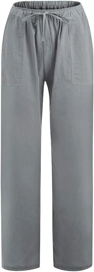 Cotton Linen Pants for Women Casual Drawstring Self-tie High Waist Fashion Loose Fit Beach Trousers with Side Pockets