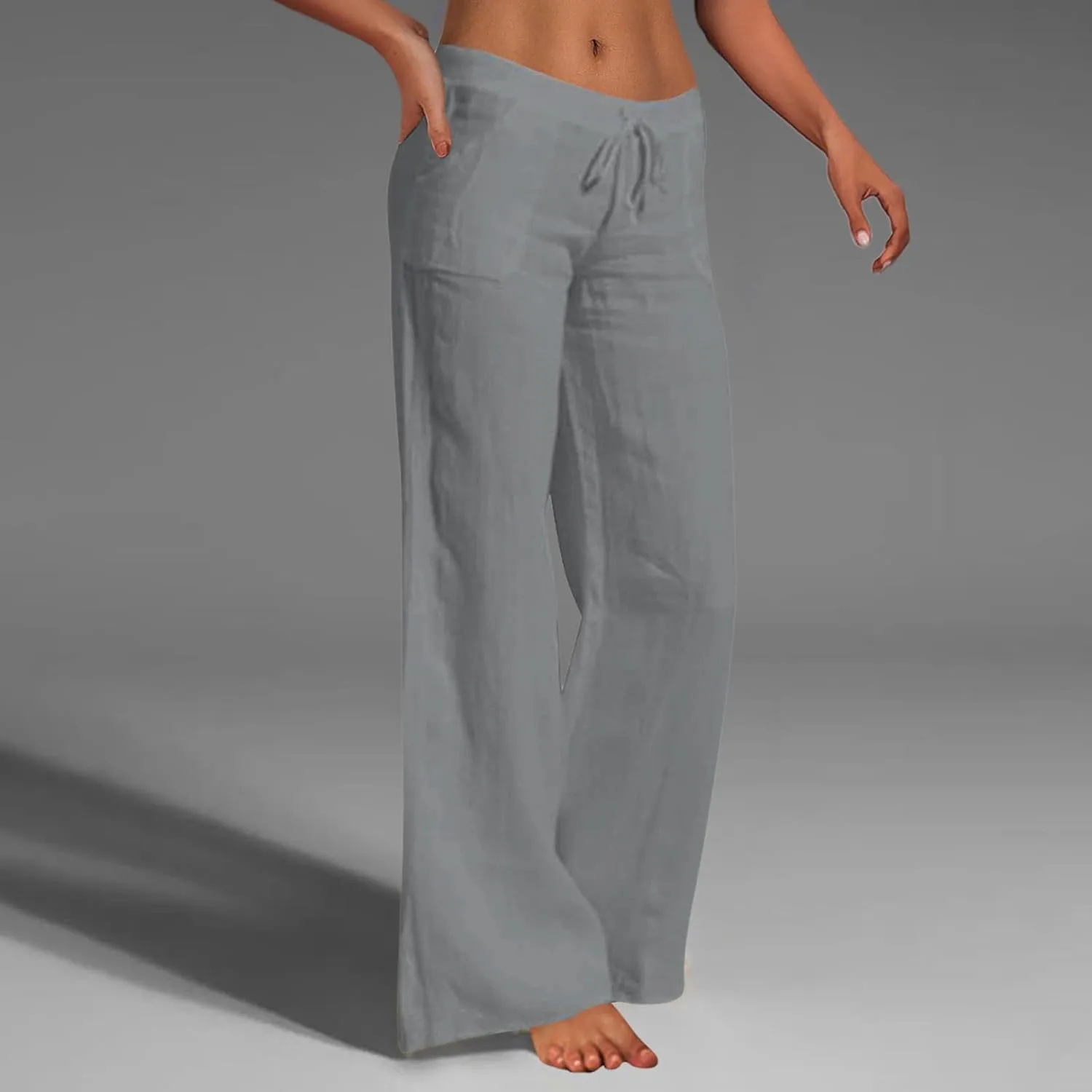 Cotton Linen Pants for Women Casual Drawstring Self-tie High Waist Fashion Loose Fit Beach Trousers with Side Pockets