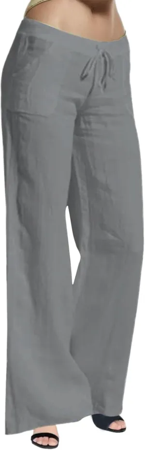 Cotton Linen Pants for Women Casual Drawstring Self-tie High Waist Fashion Loose Fit Beach Trousers with Side Pockets