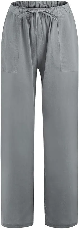 Cotton Linen Pants for Women Casual Drawstring Self-tie High Waist Fashion Loose Fit Beach Trousers with Side Pockets