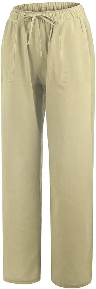 Cotton Linen Pants for Women Casual Drawstring Self-tie High Waist Fashion Loose Fit Beach Trousers with Side Pockets
