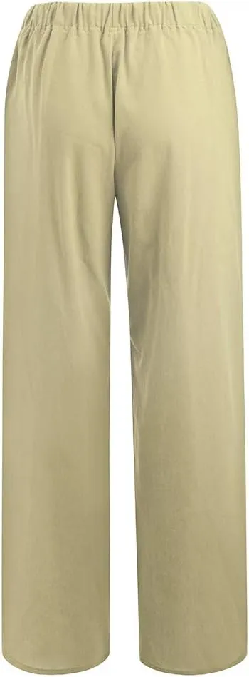 Cotton Linen Pants for Women Casual Drawstring Self-tie High Waist Fashion Loose Fit Beach Trousers with Side Pockets