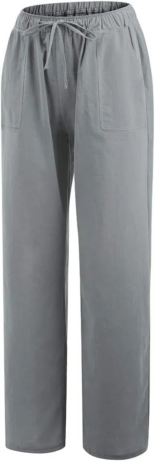 Cotton Linen Pants for Women Casual Drawstring Self-tie High Waist Fashion Loose Fit Beach Trousers with Side Pockets