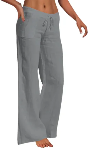 Cotton Linen Pants for Women Casual Drawstring Self-tie High Waist Fashion Loose Fit Beach Trousers with Side Pockets