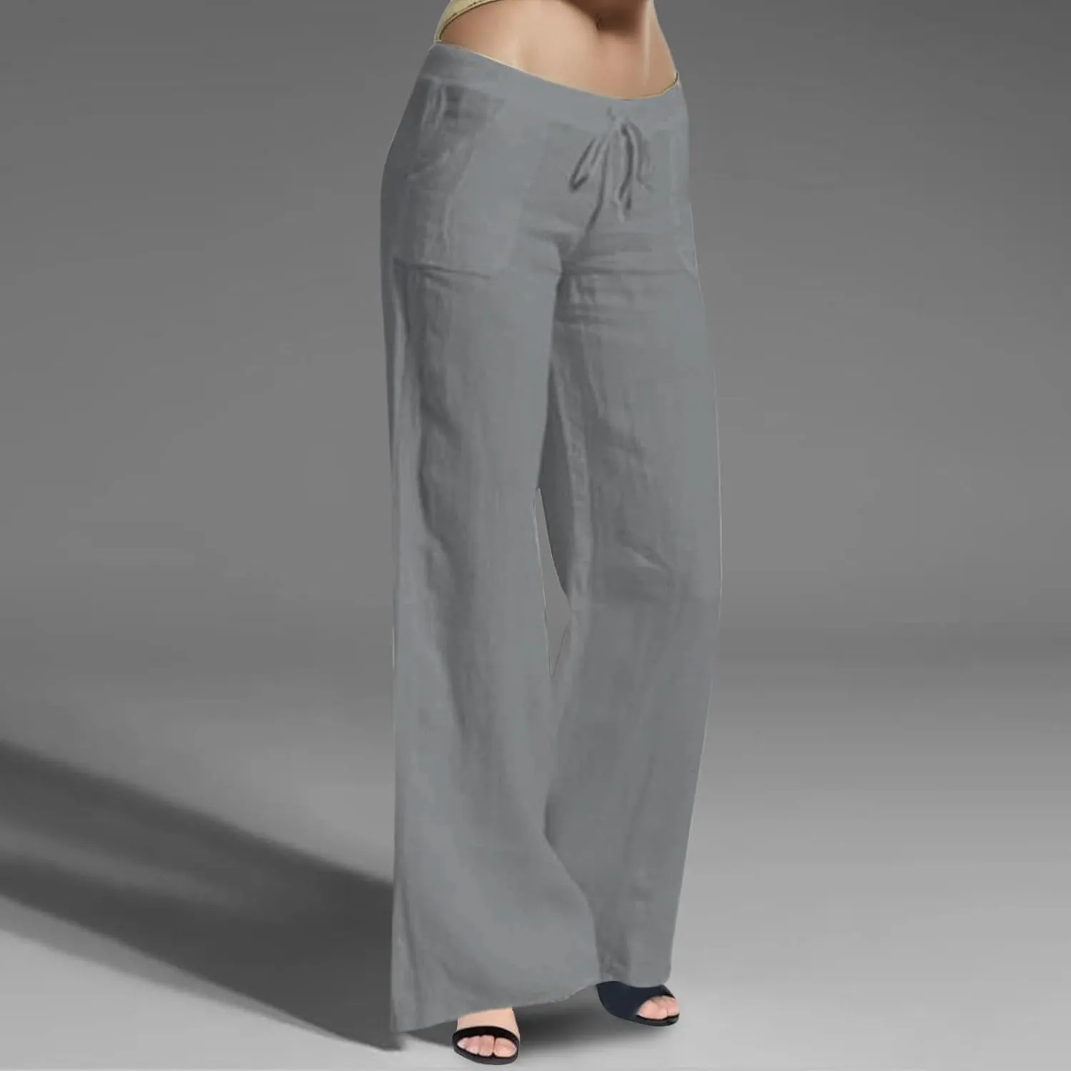 Cotton Linen Pants for Women Casual Drawstring Self-tie High Waist Fashion Loose Fit Beach Trousers with Side Pockets