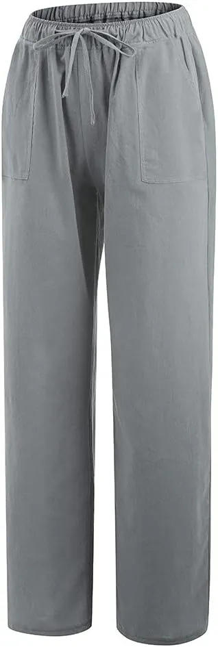 Cotton Linen Pants for Women Casual Drawstring Self-tie High Waist Fashion Loose Fit Beach Trousers with Side Pockets