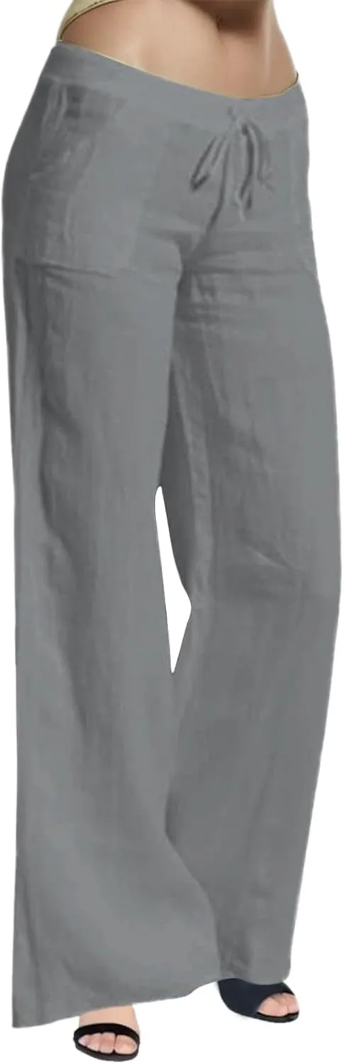 Cotton Linen Pants for Women Casual Drawstring Self-tie High Waist Fashion Loose Fit Beach Trousers with Side Pockets