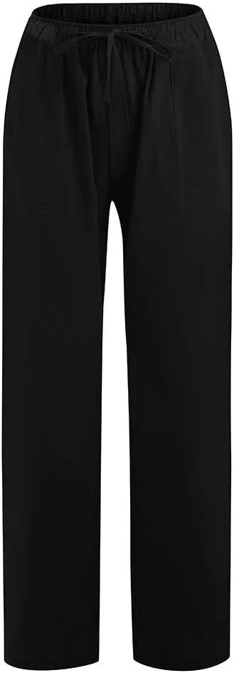 Cotton Linen Pants for Women Casual Drawstring Self-tie High Waist Fashion Loose Fit Beach Trousers with Side Pockets