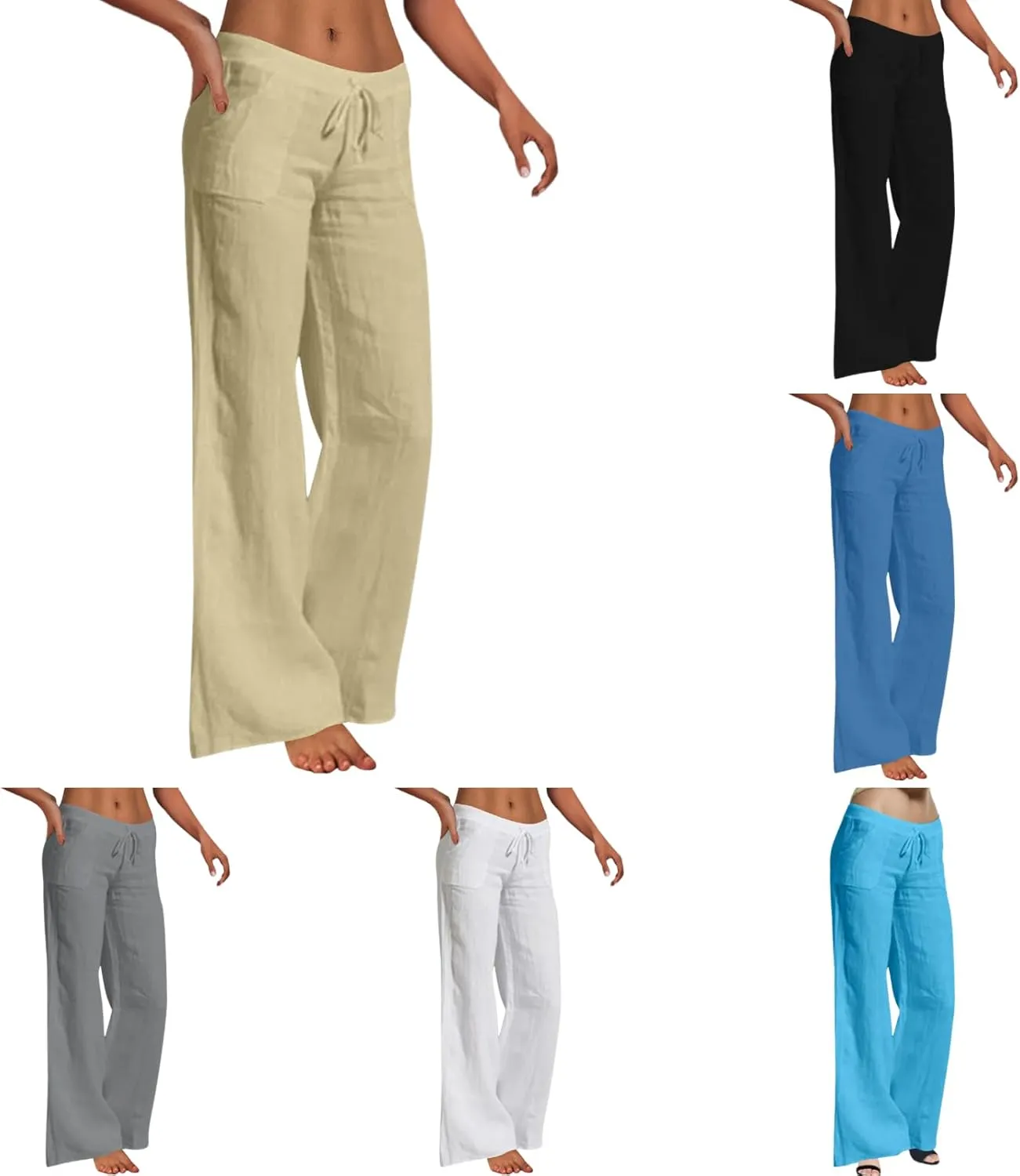 Cotton Linen Pants for Women Casual Drawstring Self-tie High Waist Fashion Loose Fit Beach Trousers with Side Pockets