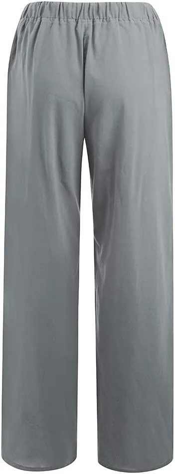 Cotton Linen Pants for Women Casual Drawstring Self-tie High Waist Fashion Loose Fit Beach Trousers with Side Pockets