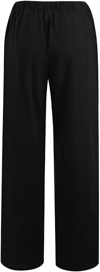 Cotton Linen Pants for Women Casual Drawstring Self-tie High Waist Fashion Loose Fit Beach Trousers with Side Pockets