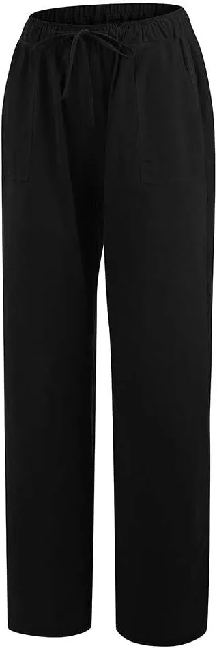 Cotton Linen Pants for Women Casual Drawstring Self-tie High Waist Fashion Loose Fit Beach Trousers with Side Pockets