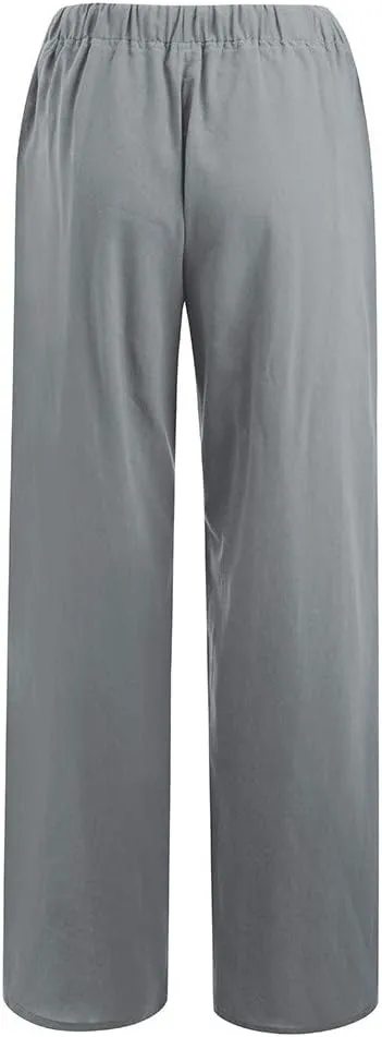 Cotton Linen Pants for Women Casual Drawstring Self-tie High Waist Fashion Loose Fit Beach Trousers with Side Pockets