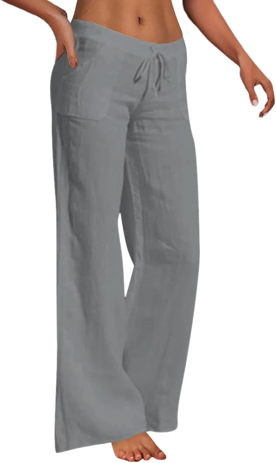 Cotton Linen Pants for Women Casual Drawstring Self-tie High Waist Fashion Loose Fit Beach Trousers with Side Pockets