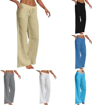 Cotton Linen Pants for Women Casual Drawstring Self-tie High Waist Fashion Loose Fit Beach Trousers with Side Pockets