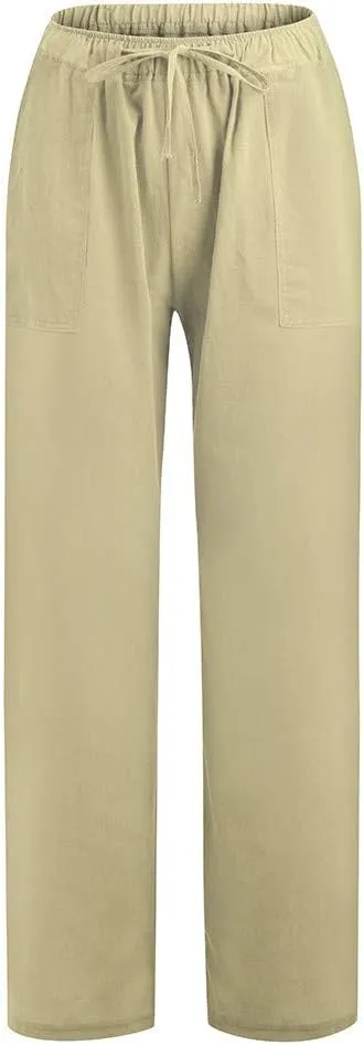 Cotton Linen Pants for Women Casual Drawstring Self-tie High Waist Fashion Loose Fit Beach Trousers with Side Pockets