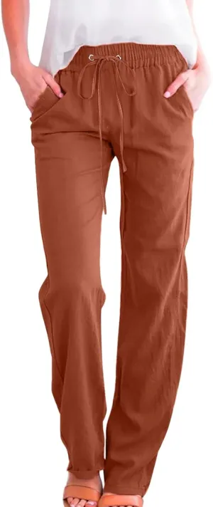Cotton Pants for Women Casual Solid High Waist Pants Drawstring Loose Fit Fashion Summer Trousers with Side Pockets