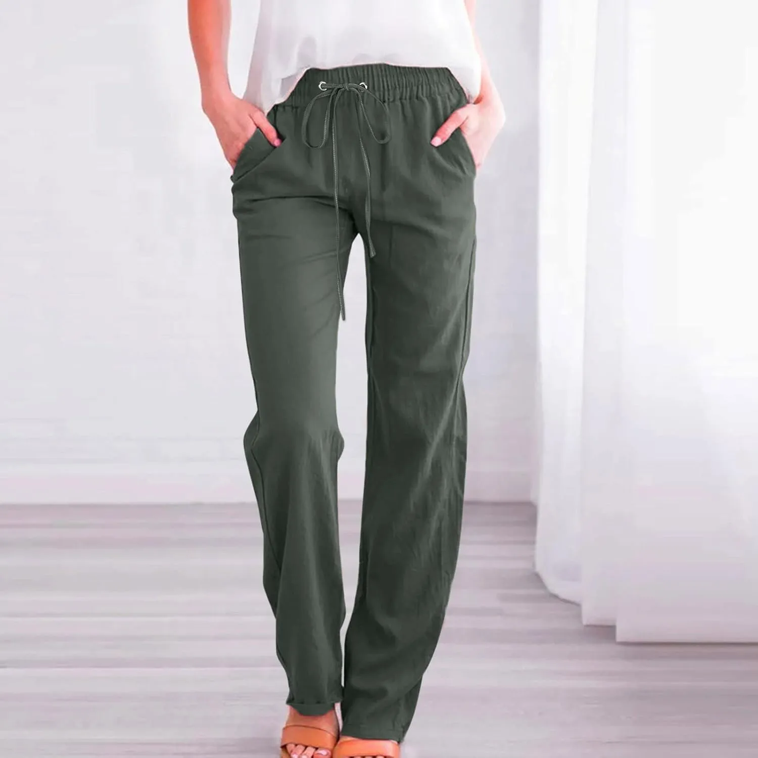 Cotton Pants for Women Casual Solid High Waist Pants Drawstring Loose Fit Fashion Summer Trousers with Side Pockets