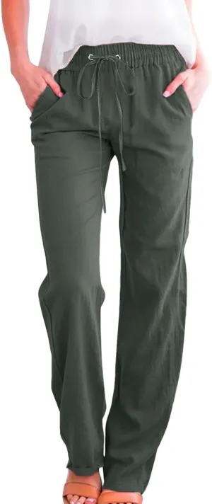 Cotton Pants for Women Casual Solid High Waist Pants Drawstring Loose Fit Fashion Summer Trousers with Side Pockets