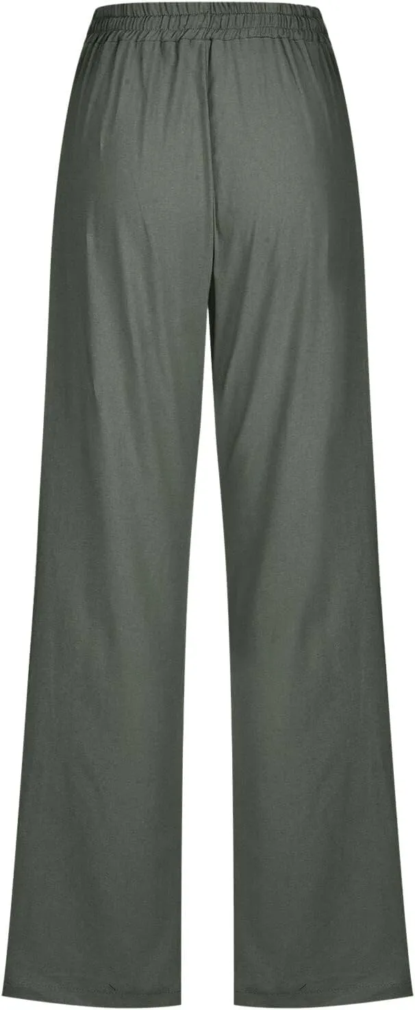 Cotton Pants for Women Casual Solid High Waist Pants Drawstring Loose Fit Fashion Summer Trousers with Side Pockets