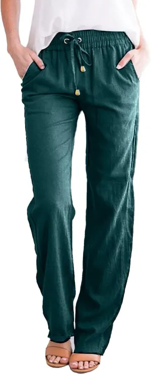 Cotton Pants for Women Casual Solid High Waist Pants Drawstring Loose Fit Fashion Summer Trousers with Side Pockets