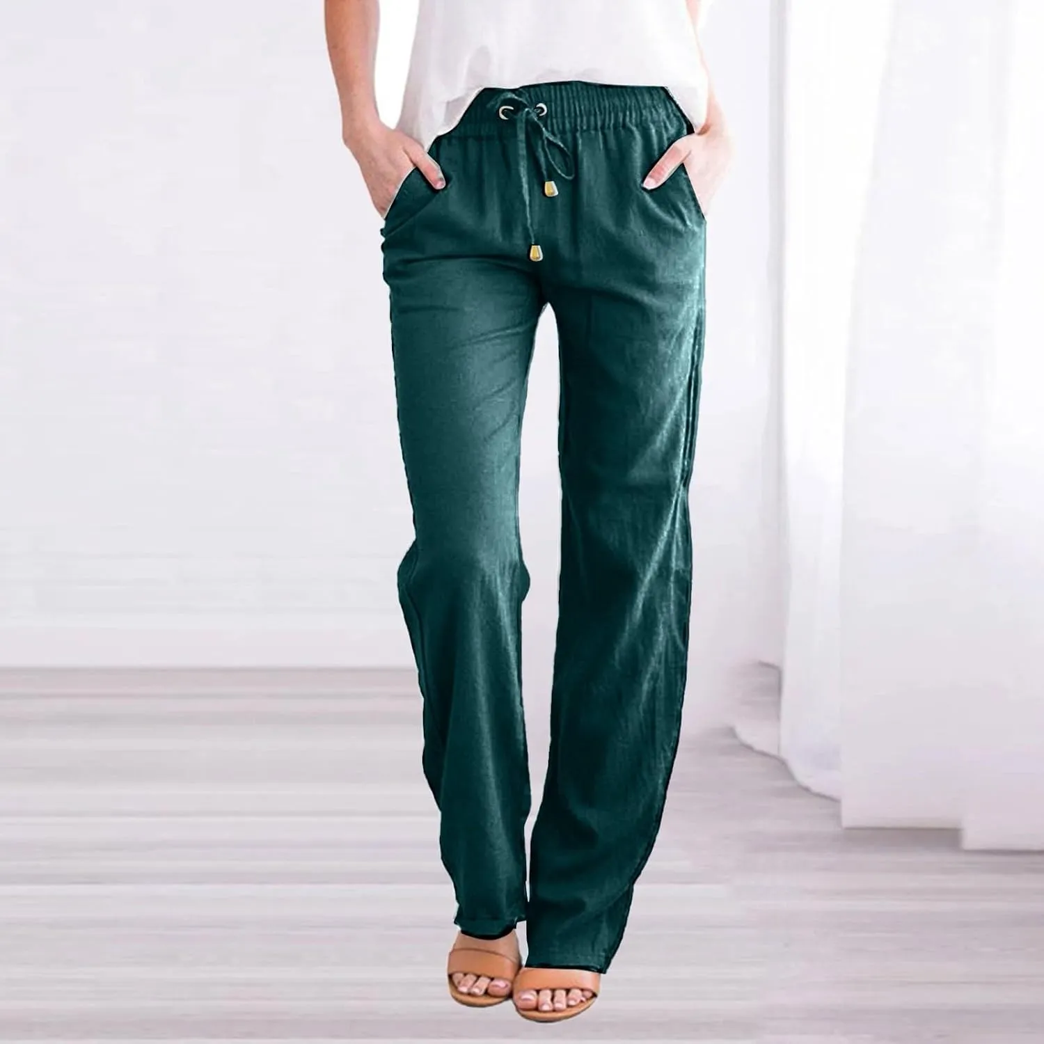 Cotton Pants for Women Casual Solid High Waist Pants Drawstring Loose Fit Fashion Summer Trousers with Side Pockets