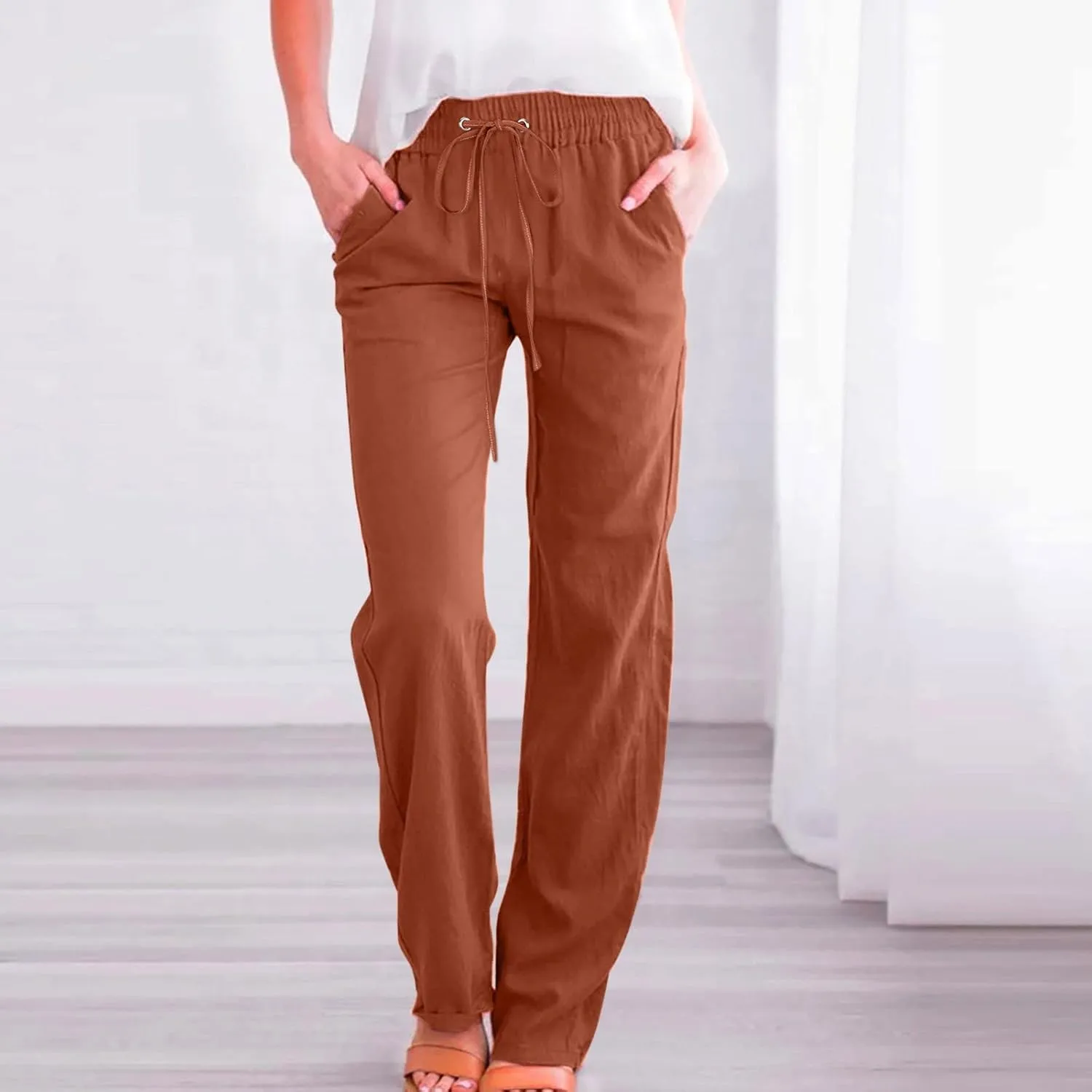 Cotton Pants for Women Casual Solid High Waist Pants Drawstring Loose Fit Fashion Summer Trousers with Side Pockets