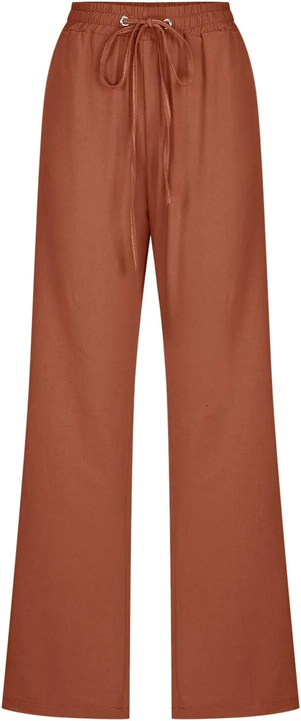 Cotton Pants for Women Casual Solid High Waist Pants Drawstring Loose Fit Fashion Summer Trousers with Side Pockets