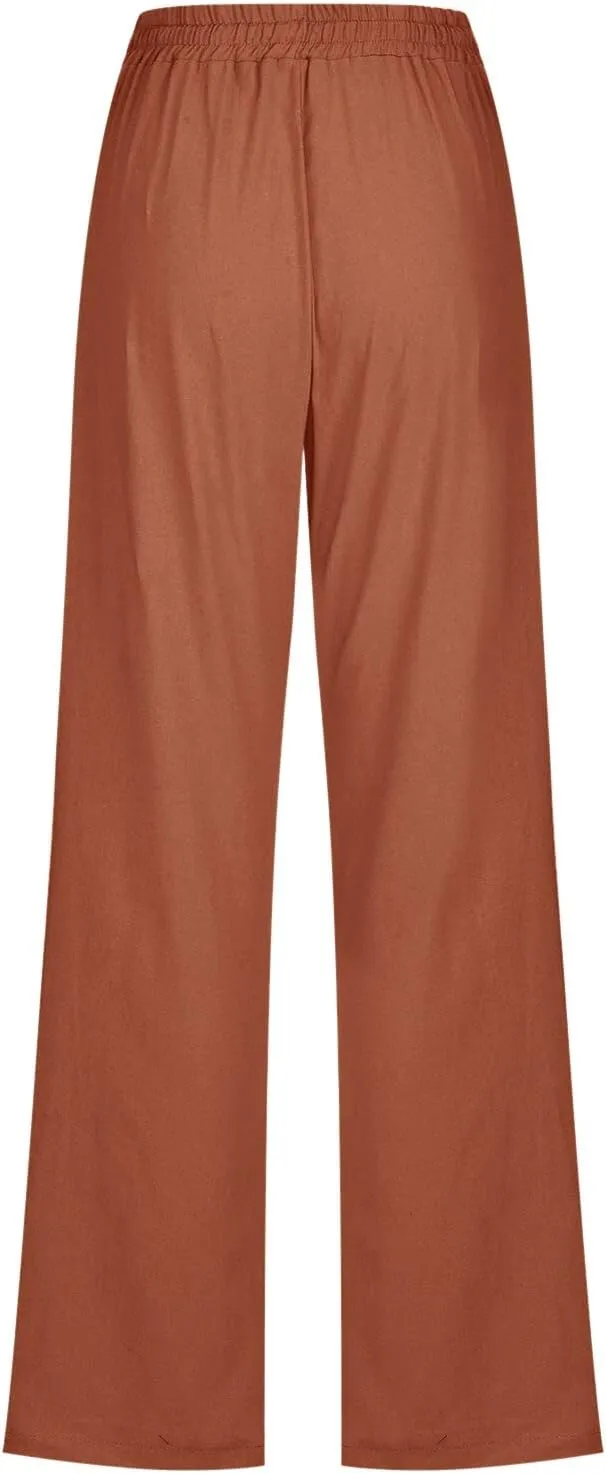 Cotton Pants for Women Casual Solid High Waist Pants Drawstring Loose Fit Fashion Summer Trousers with Side Pockets