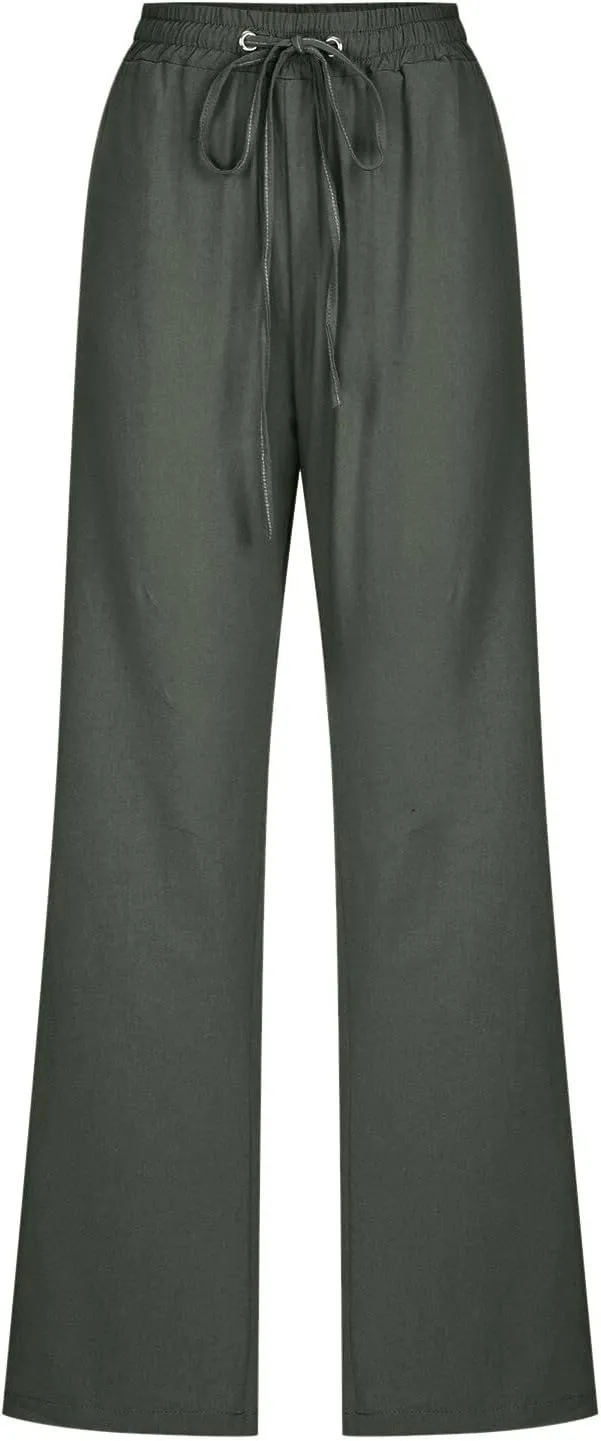 Cotton Pants for Women Casual Solid High Waist Pants Drawstring Loose Fit Fashion Summer Trousers with Side Pockets
