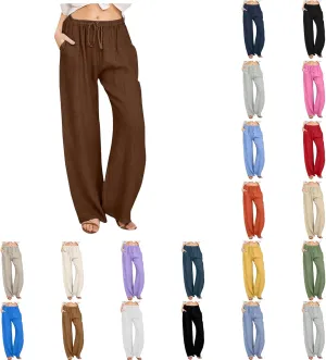 Cotton Pants for Women Solid Drawstring High Waist Self-Tie Casual Trousers Loose Fit Straight Leg Pants with Pockets