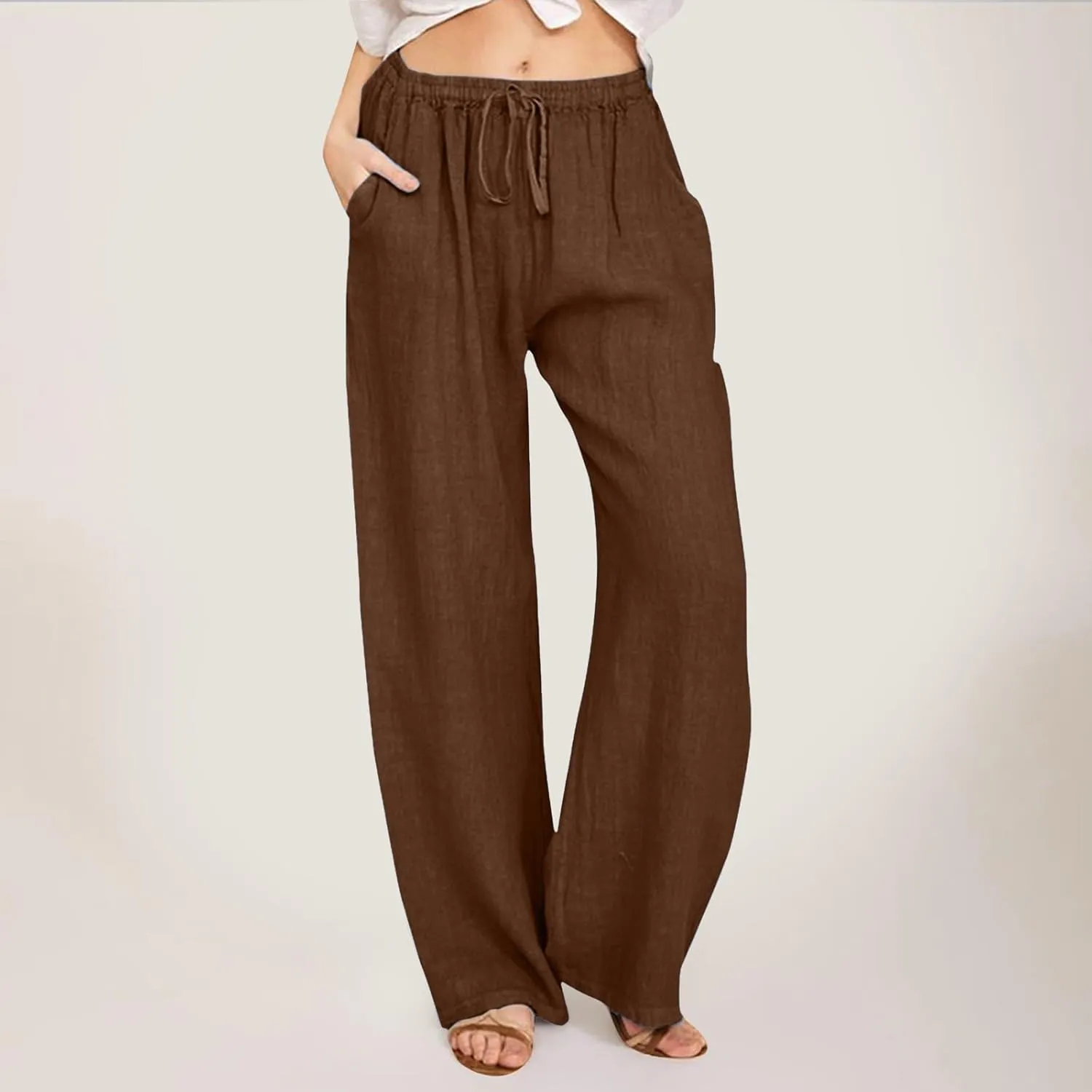 Cotton Pants for Women Solid Drawstring High Waist Self-Tie Casual Trousers Loose Fit Straight Leg Pants with Pockets