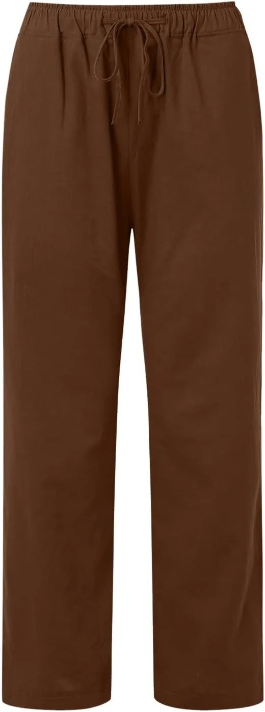 Cotton Pants for Women Solid Drawstring High Waist Self-Tie Casual Trousers Loose Fit Straight Leg Pants with Pockets