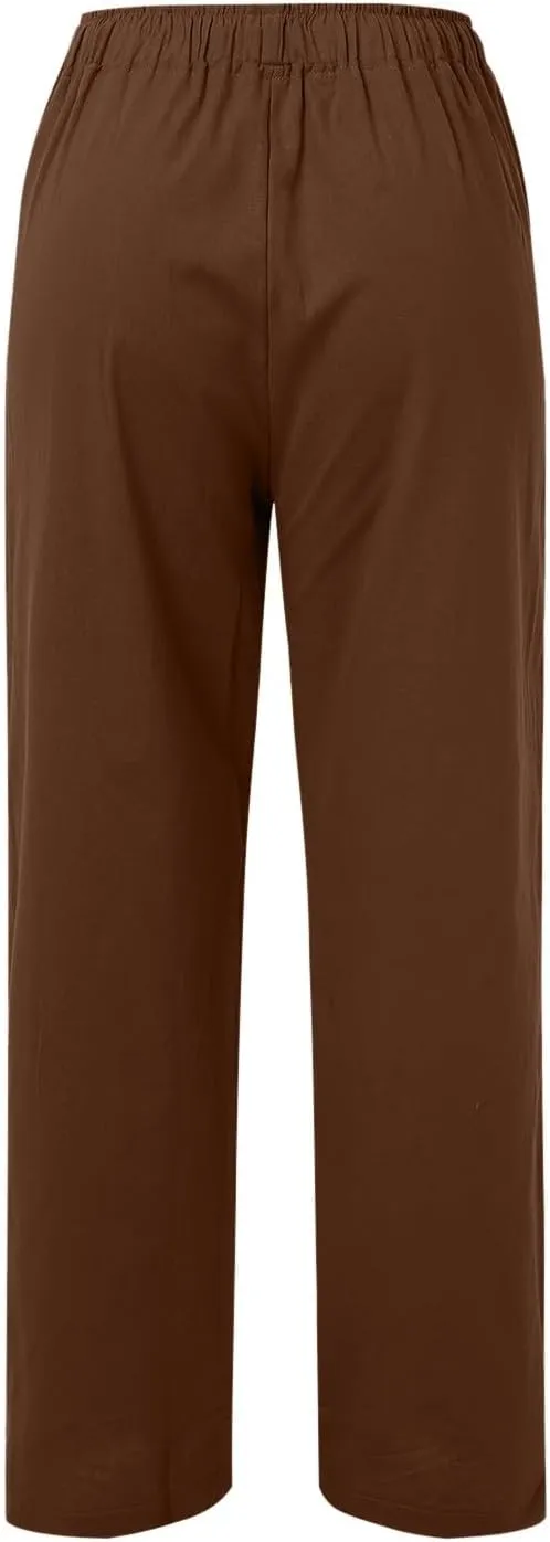 Cotton Pants for Women Solid Drawstring High Waist Self-Tie Casual Trousers Loose Fit Straight Leg Pants with Pockets