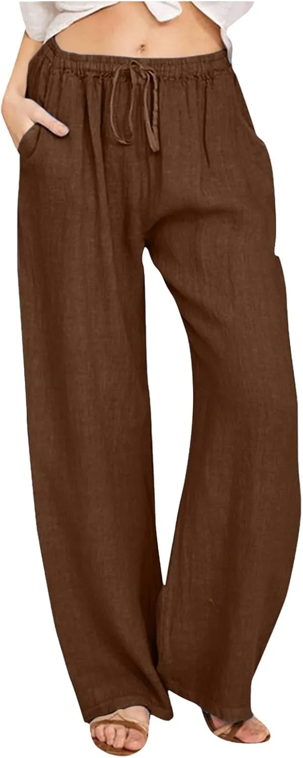 Cotton Pants for Women Solid Drawstring High Waist Self-Tie Casual Trousers Loose Fit Straight Leg Pants with Pockets