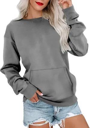 Crewneck Sweatshirts Women Fleece Oversized Hoodie Basic Trendy Hoodies Vintage Comfy Preppy Sweatshirt with Pockets