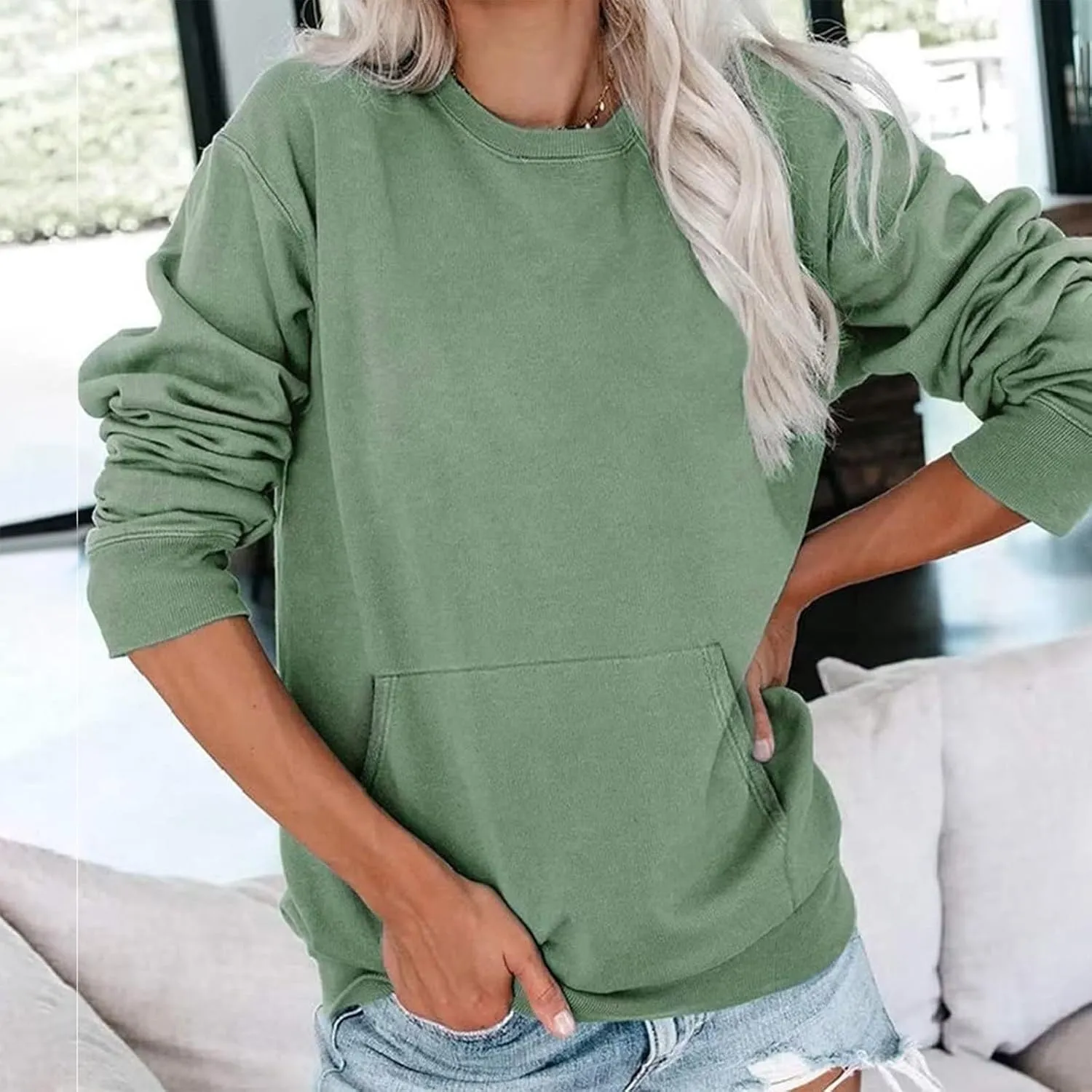 Crewneck Sweatshirts Women Fleece Oversized Hoodie Basic Trendy Hoodies Vintage Comfy Preppy Sweatshirt with Pockets