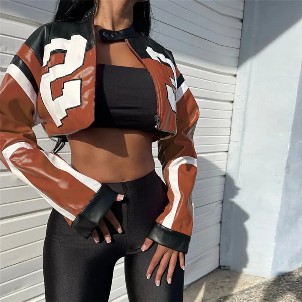 Crop Tops for Women - Faux Leather Jacket Women Long Sleeve Zipper Closure Moto Biker Top