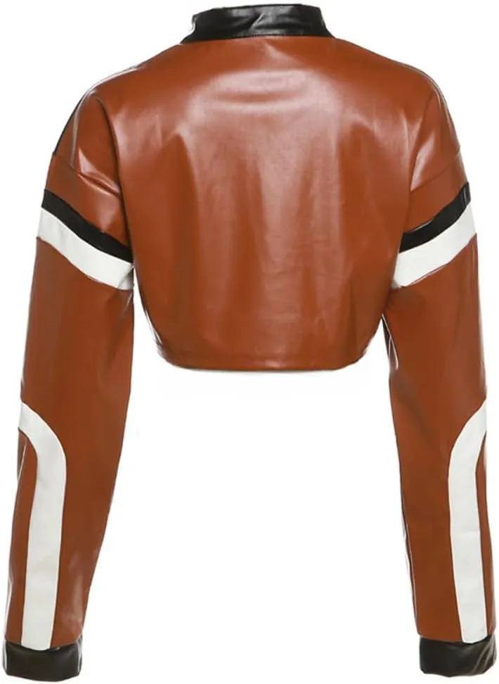 Crop Tops for Women - Faux Leather Jacket Women Long Sleeve Zipper Closure Moto Biker Top