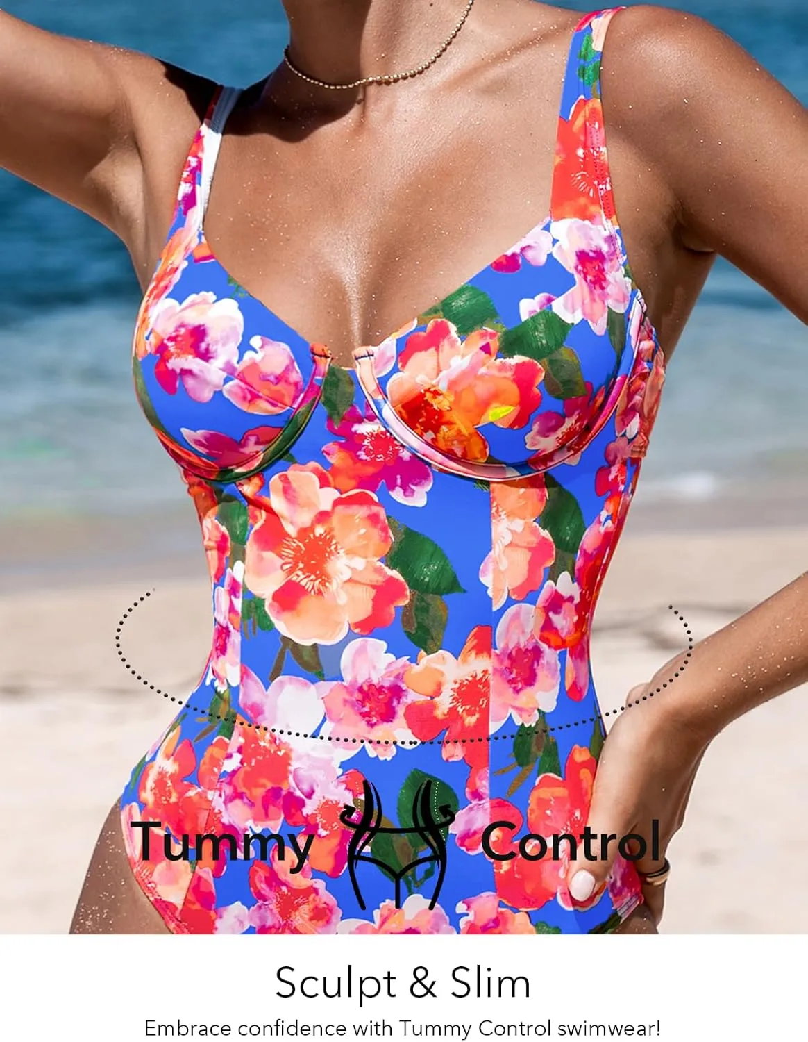 CUPSHE Women's One Piece Swimsuit Tummy Control Bathing Suit V Neck High Support Sculpting Swimwear