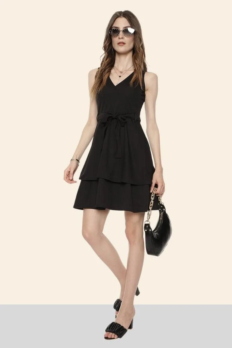 Cute Dresses for Women V Neck Faux Wrap Casual Summer Flowy Fit and Flare Mini Belted Waist Solid Ruffle Tank Dress
