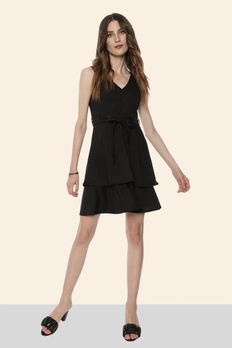Cute Dresses for Women V Neck Faux Wrap Casual Summer Flowy Fit and Flare Mini Belted Waist Solid Ruffle Tank Dress