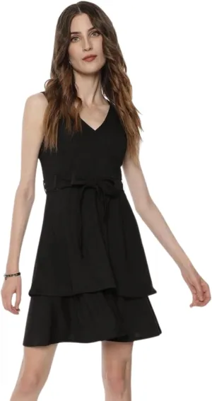 Cute Dresses for Women V Neck Faux Wrap Casual Summer Flowy Fit and Flare Mini Belted Waist Solid Ruffle Tank Dress