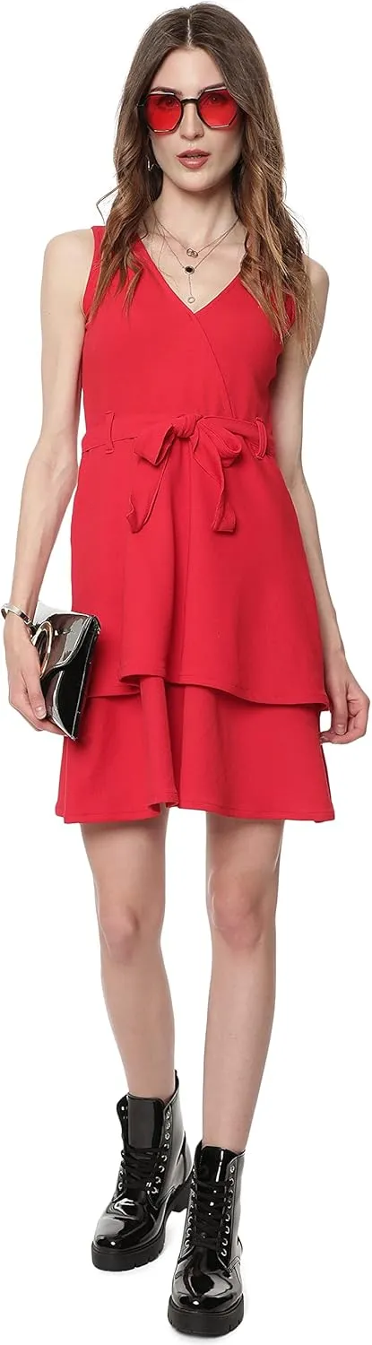Cute Dresses for Women V Neck Faux Wrap Casual Summer Flowy Fit and Flare Mini Belted Waist Solid Ruffle Tank Dress