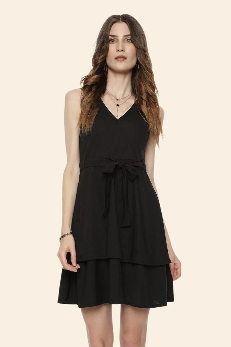 Cute Dresses for Women V Neck Faux Wrap Casual Summer Flowy Fit and Flare Mini Belted Waist Solid Ruffle Tank Dress