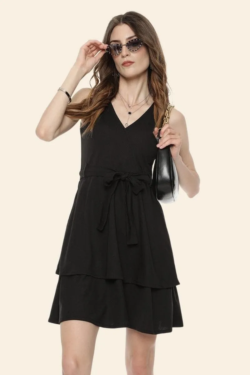 Cute Dresses for Women V Neck Faux Wrap Casual Summer Flowy Fit and Flare Mini Belted Waist Solid Ruffle Tank Dress