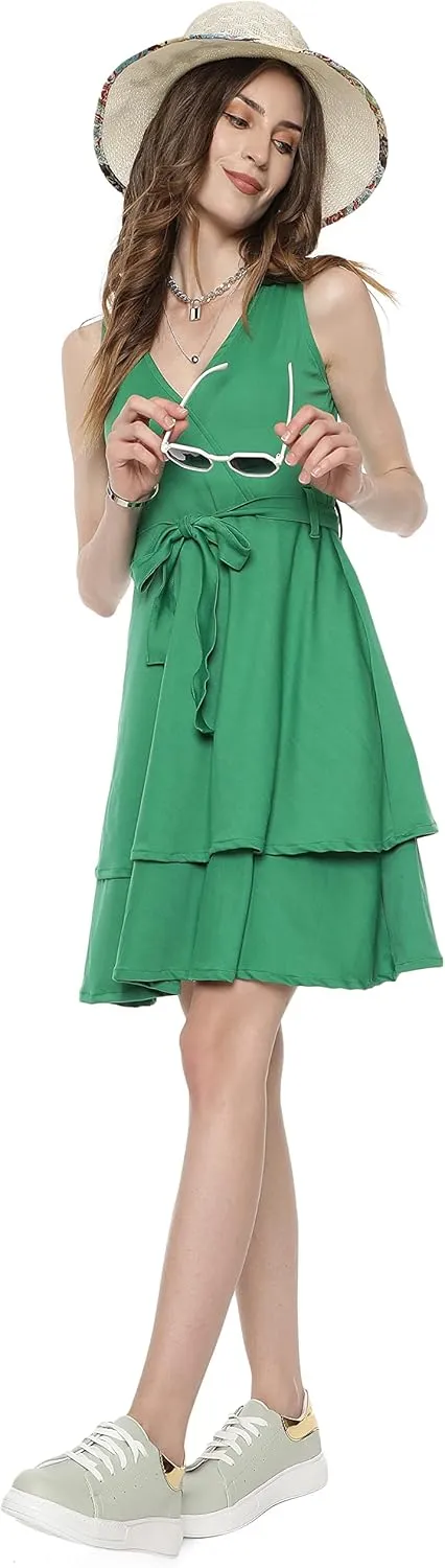 Cute Dresses for Women V Neck Faux Wrap Casual Summer Flowy Fit and Flare Mini Belted Waist Solid Ruffle Tank Dress