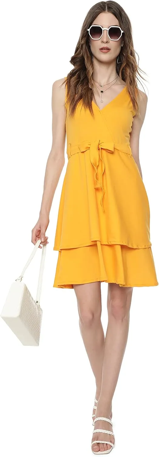 Cute Dresses for Women V Neck Faux Wrap Casual Summer Flowy Fit and Flare Mini Belted Waist Solid Ruffle Tank Dress