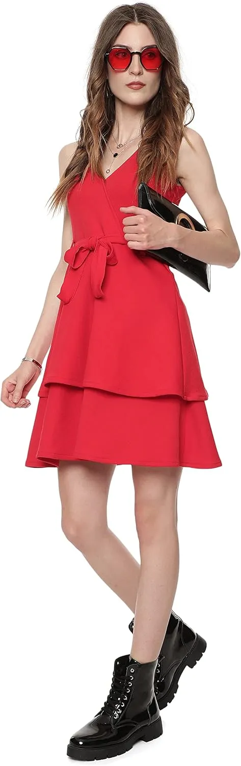 Cute Dresses for Women V Neck Faux Wrap Casual Summer Flowy Fit and Flare Mini Belted Waist Solid Ruffle Tank Dress