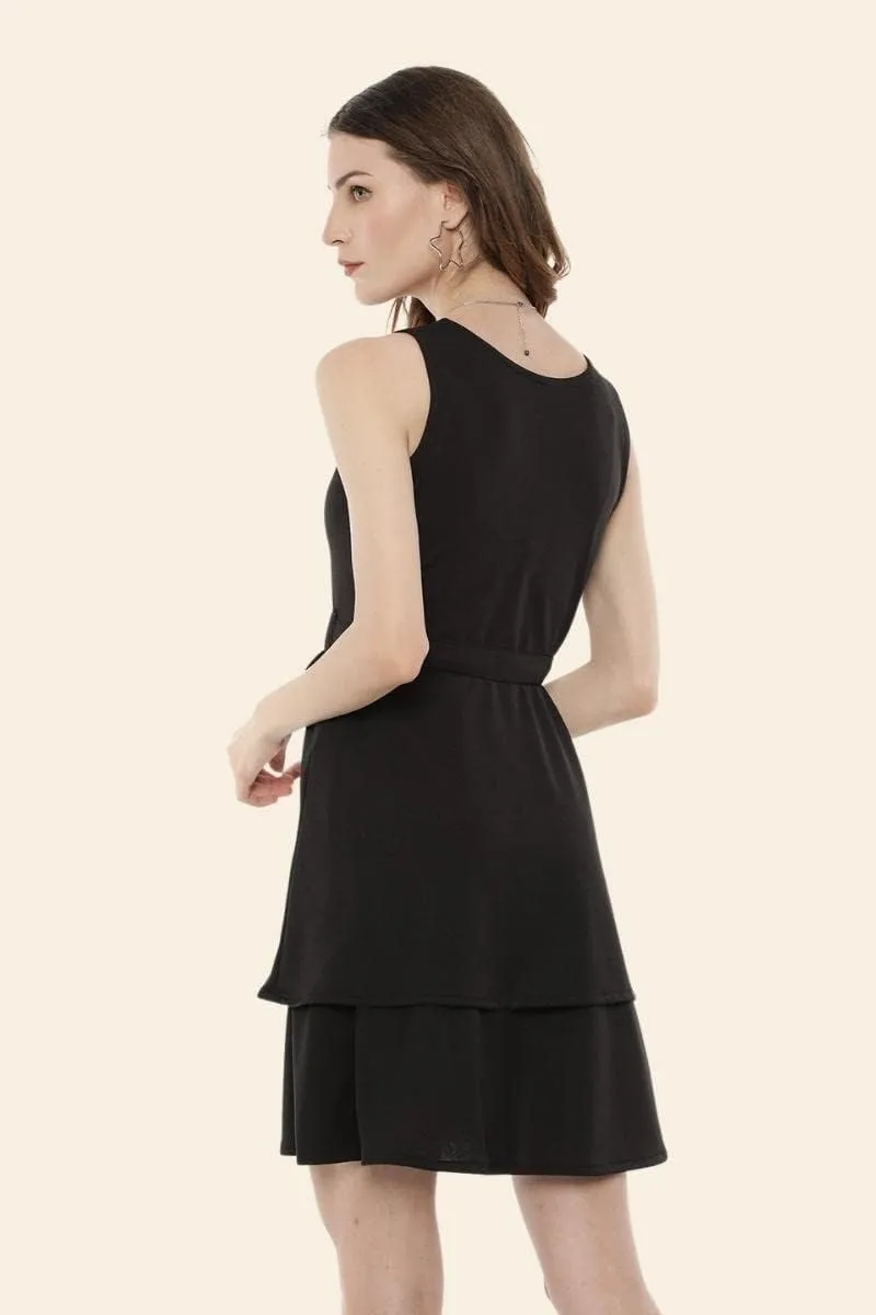 Cute Dresses for Women V Neck Faux Wrap Casual Summer Flowy Fit and Flare Mini Belted Waist Solid Ruffle Tank Dress